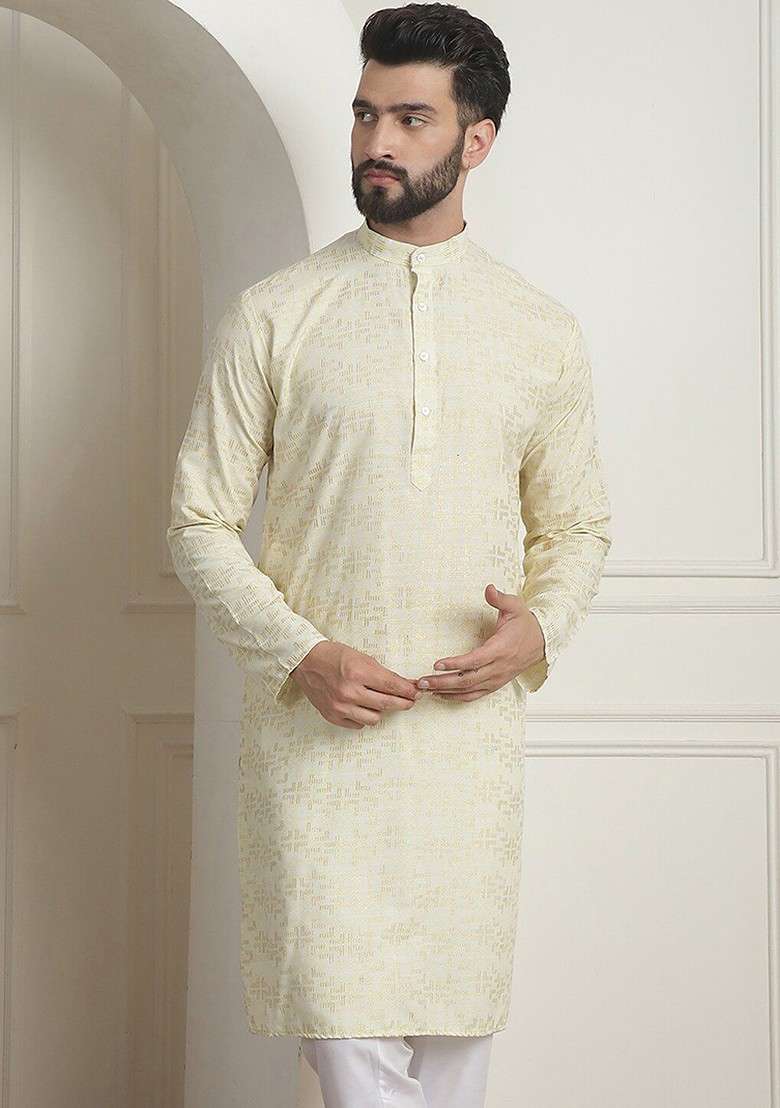 Yellow Printed Poly Blend Kurta For Men - Indya