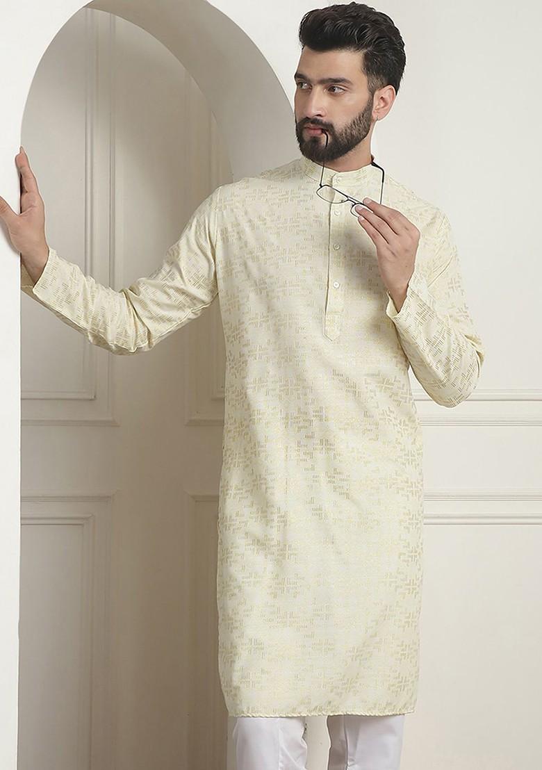 Yellow Printed Poly Blend Kurta For Men