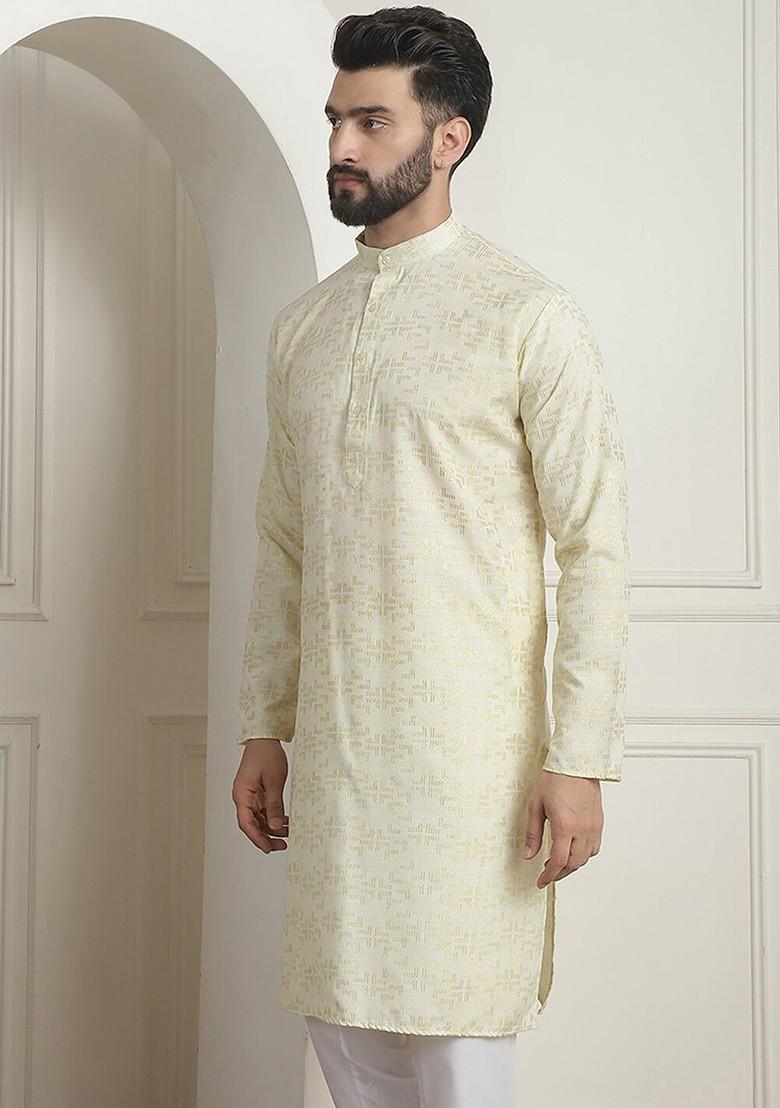 Yellow Printed Poly Blend Kurta For Men