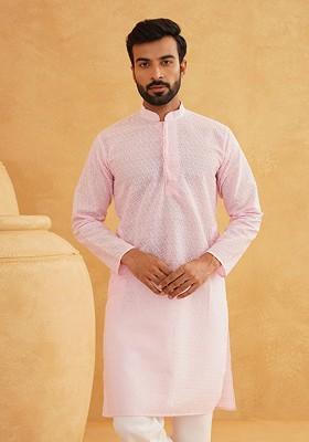 Pink Embroidered Poly Blend Kurta For Men