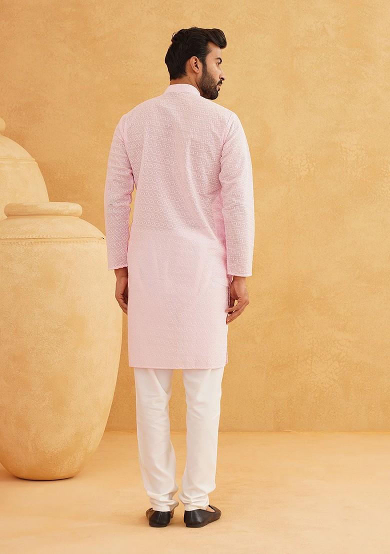 Pink Embroidered Poly Blend Kurta For Men