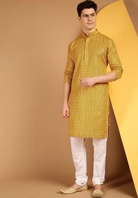 Mustard Ethnic Motifs Poly Blend Kurta For Men
