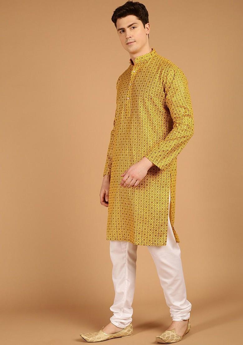 Mustard Ethnic Motifs Poly Blend Kurta For Men