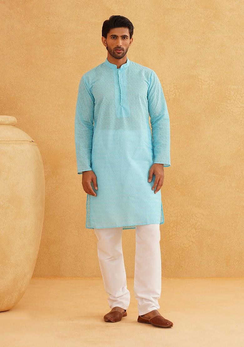 Blue Thread Work Cotton Kurta For Men