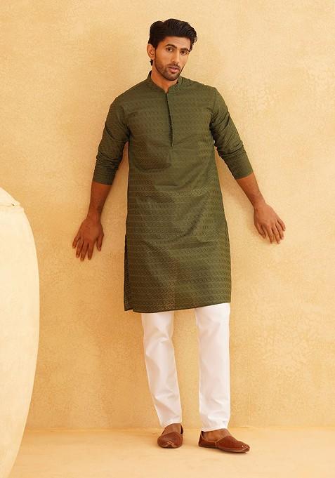 Green Embroidered Cotton Kurta For Men