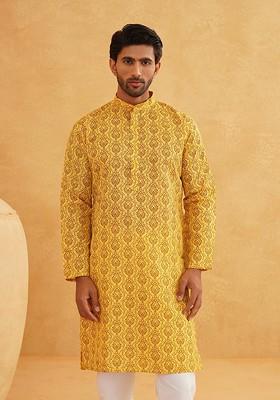 Mustard Ethnic Motifs Cotton Kurta For Men