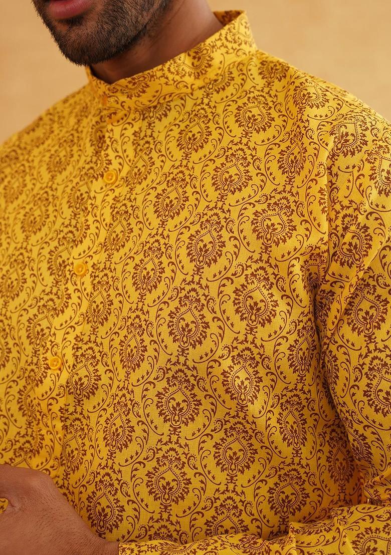 Mustard Ethnic Motifs Cotton Kurta For Men