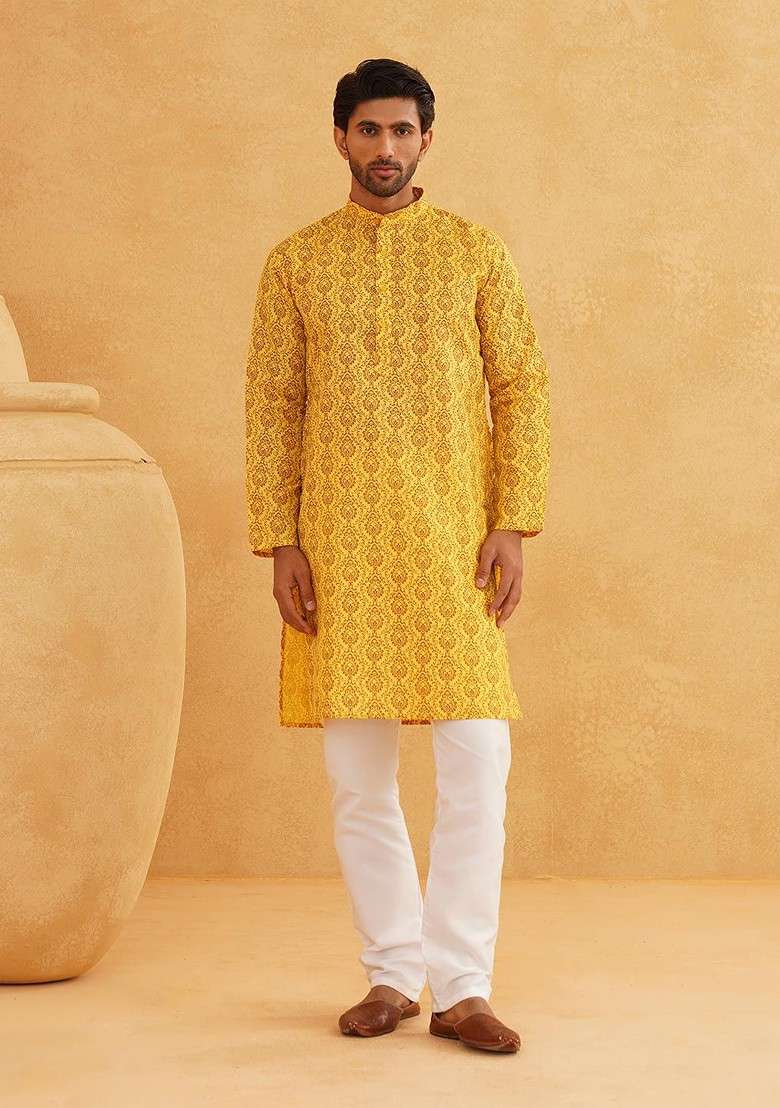 Mustard Ethnic Motifs Cotton Kurta For Men - Indya