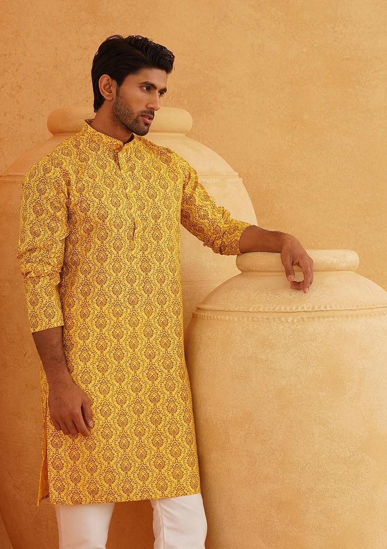 Mustard Ethnic Motifs Cotton Kurta For Men