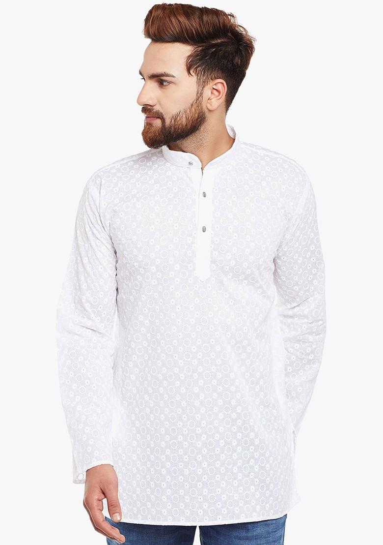 White Embroidered Poly Blend Kurta For Men