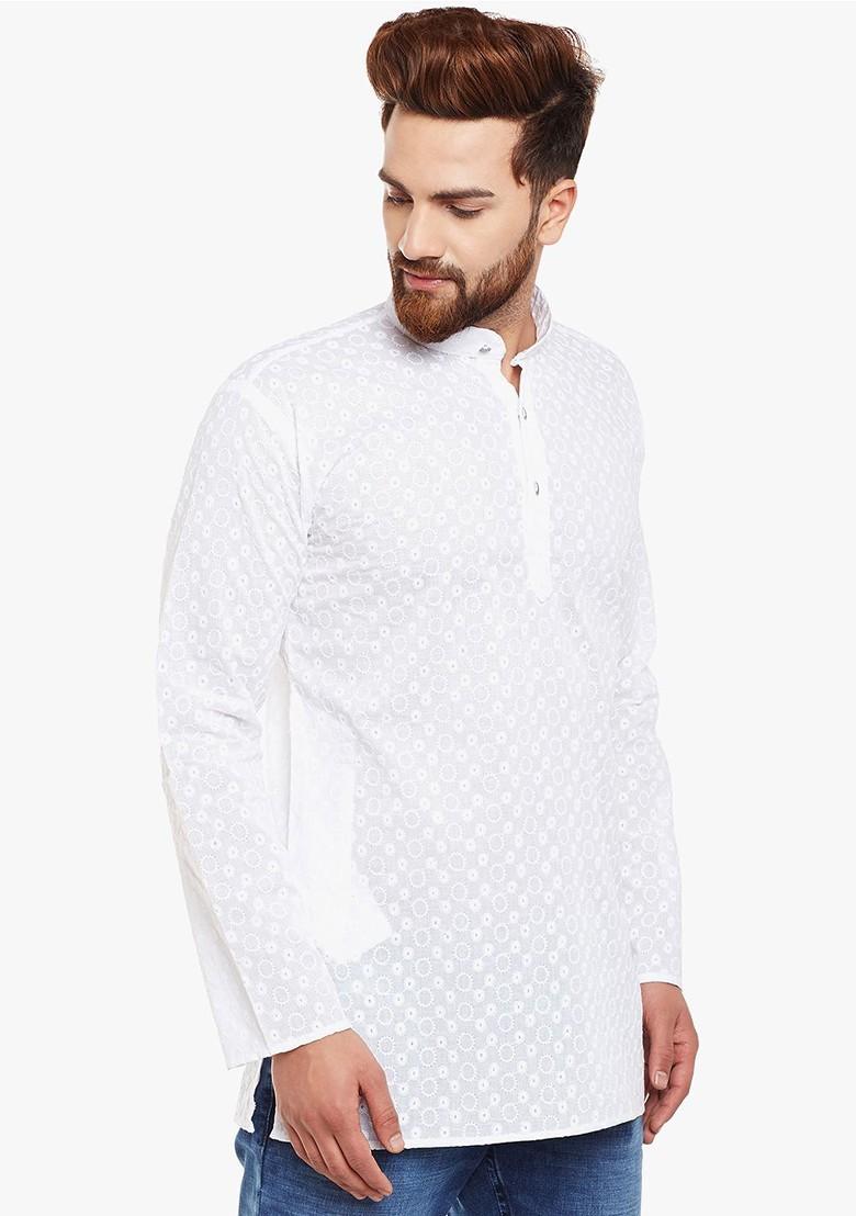 White Embroidered Poly Blend Kurta For Men