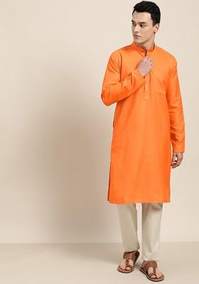 Orange Solid Poly Blend Kurta For Men