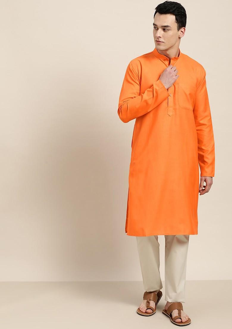 Orange Solid Poly Blend Kurta For Men