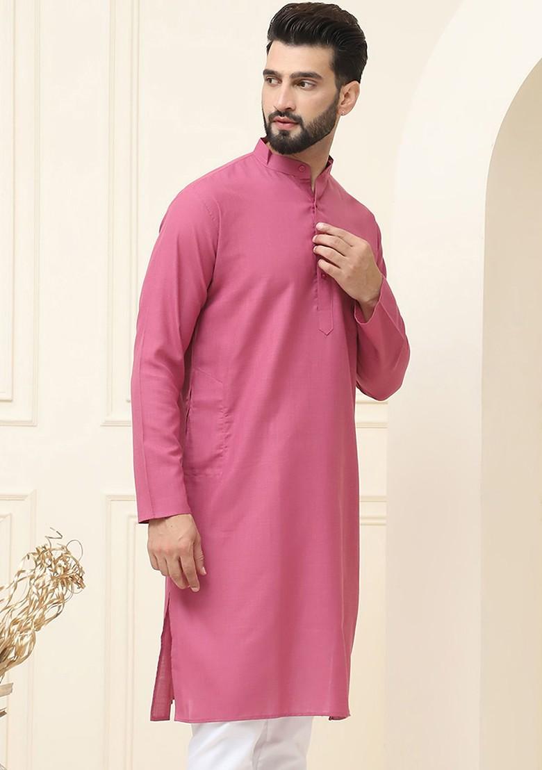 Pink Solid Poly Blend Kurta For Men
