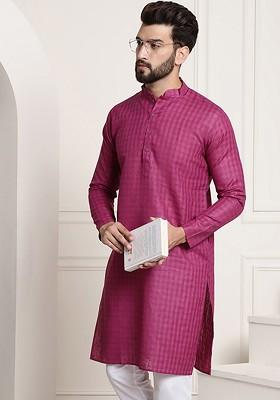 Magenta Checked Poly Blend Kurta For Men