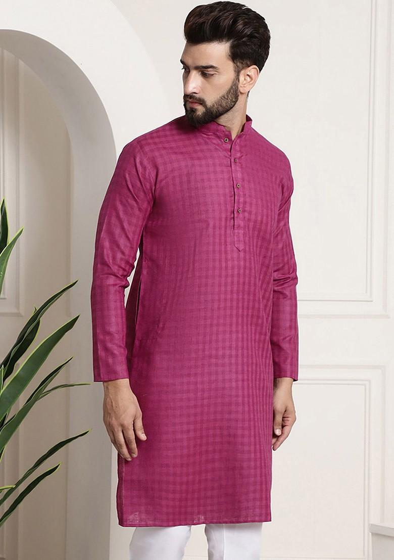 Magenta Checked Poly Blend Kurta For Men