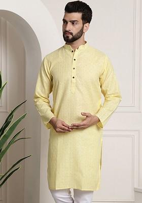 Yellow Checked Poly Blend Kurta For Men