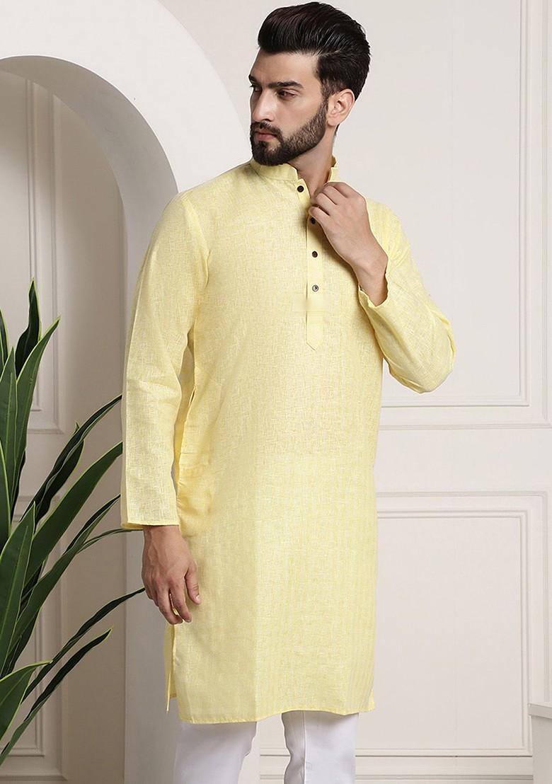 Yellow Checked Poly Blend Kurta For Men
