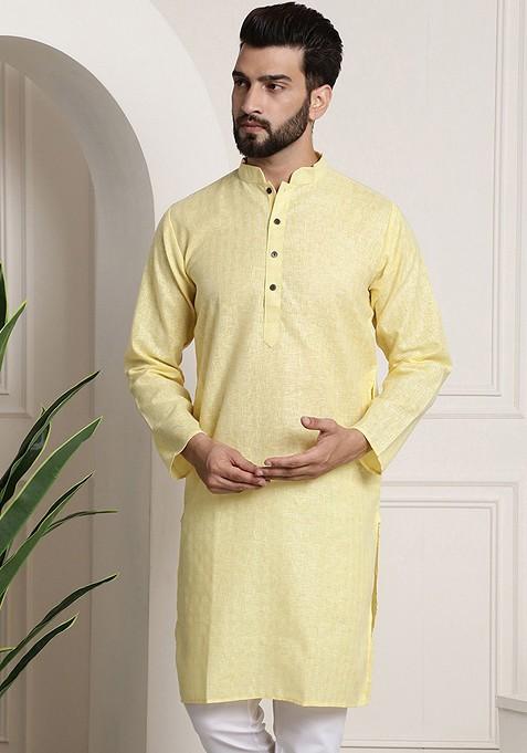 Yellow Checked Poly Blend Kurta For Men — view on Indya