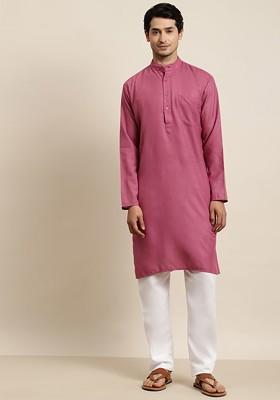 Coral Pink Solid Poly Blend Kurta For Men