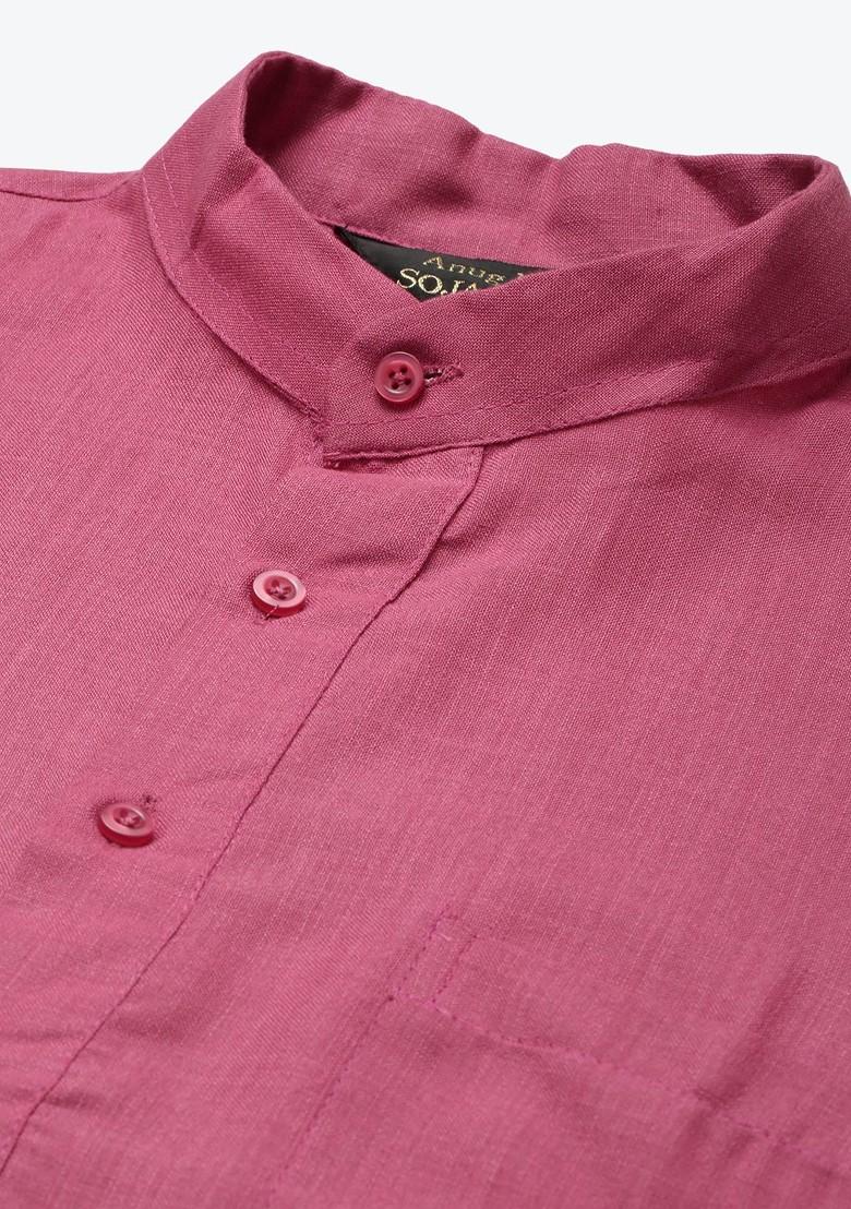 Coral Pink Solid Poly Blend Kurta For Men