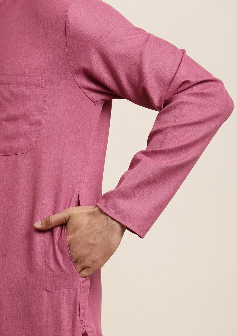Coral Pink Solid Poly Blend Kurta For Men