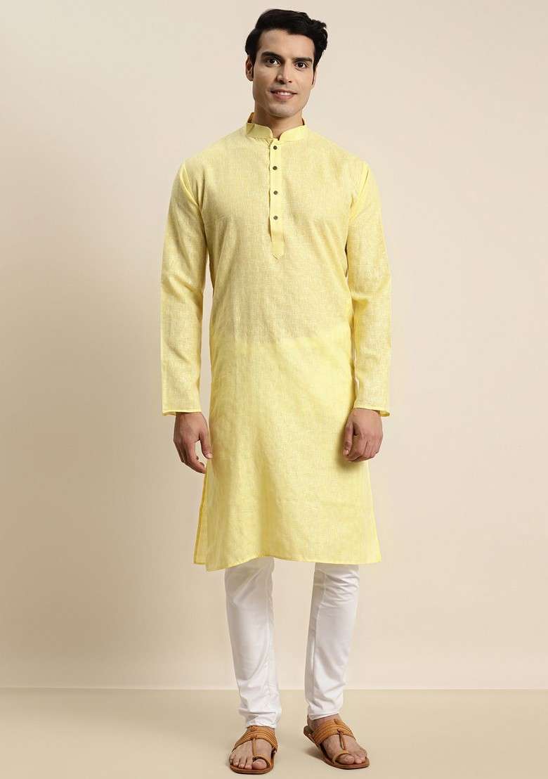 Yellow Solid Cotton Kurta For Men - Indya