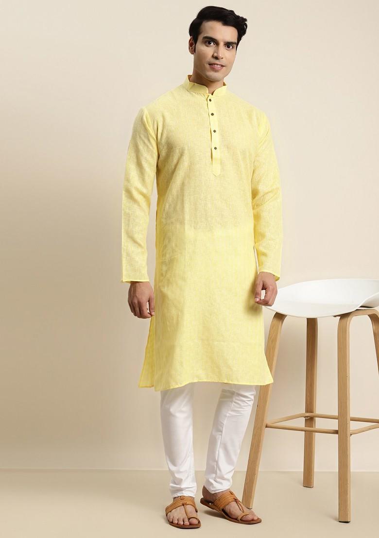 Yellow Solid Cotton Kurta For Men