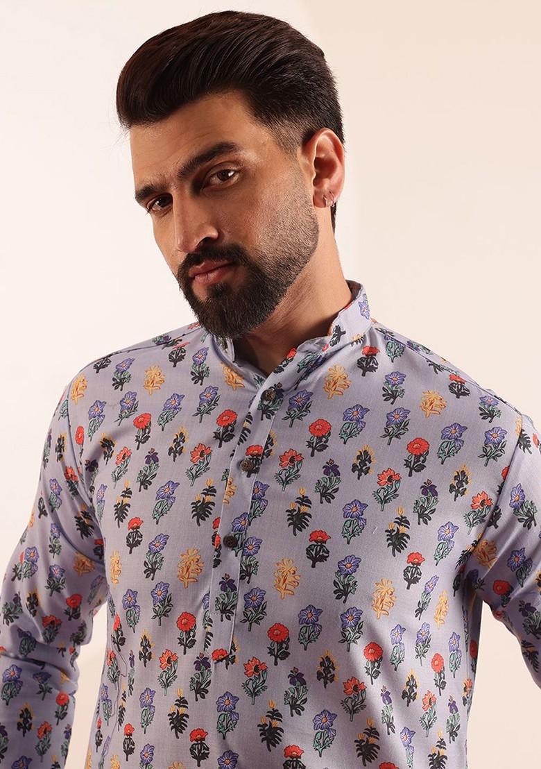 Blue Printed Poly Blend Kurta For Men