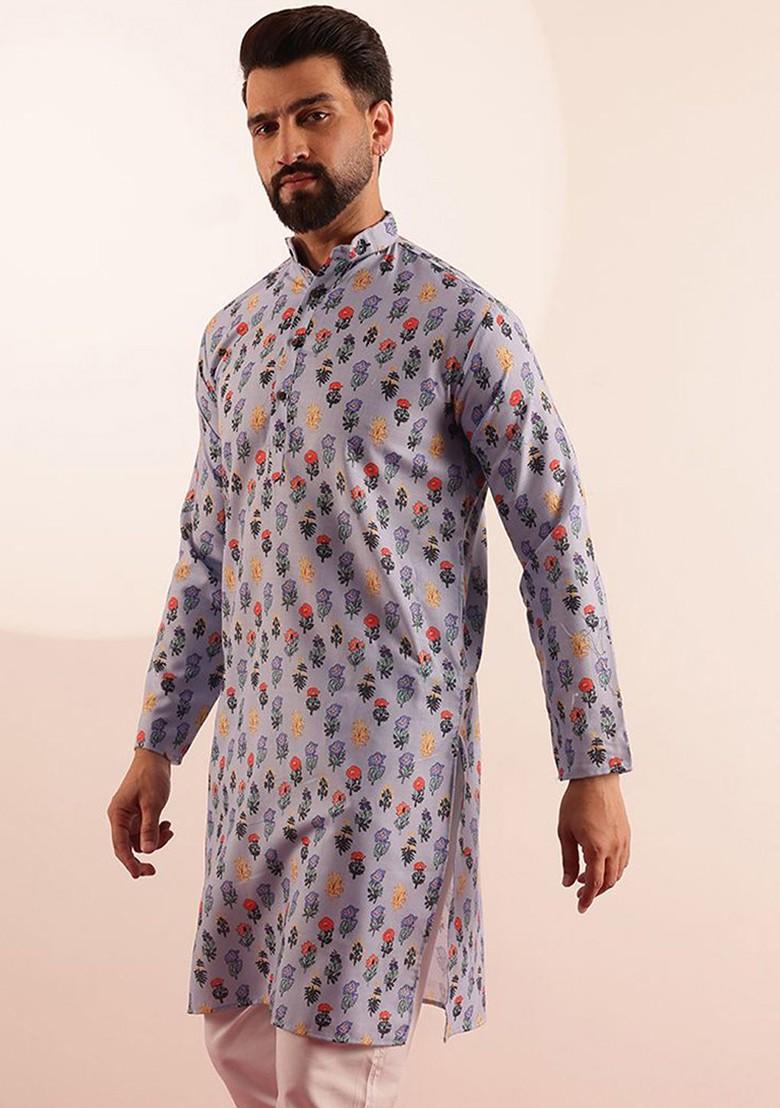 Blue Printed Poly Blend Kurta For Men