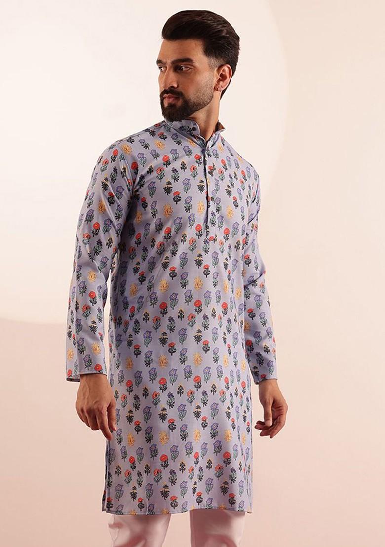 Blue Printed Poly Blend Kurta For Men