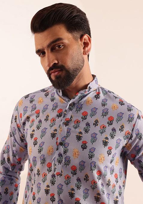 Blue Printed Poly Blend Kurta For Men