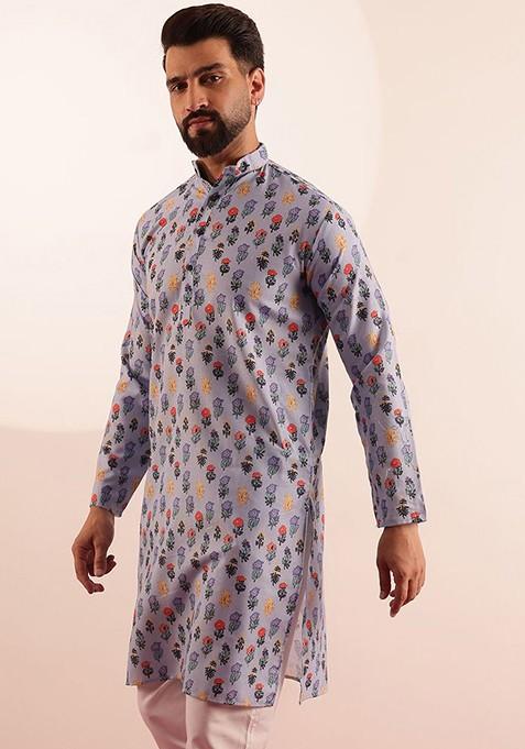 Blue Printed Poly Blend Kurta For Men