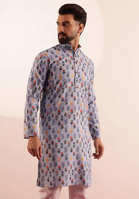Blue Printed Poly Blend Kurta For Men