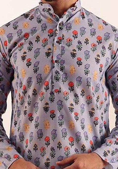 Blue Printed Poly Blend Kurta For Men