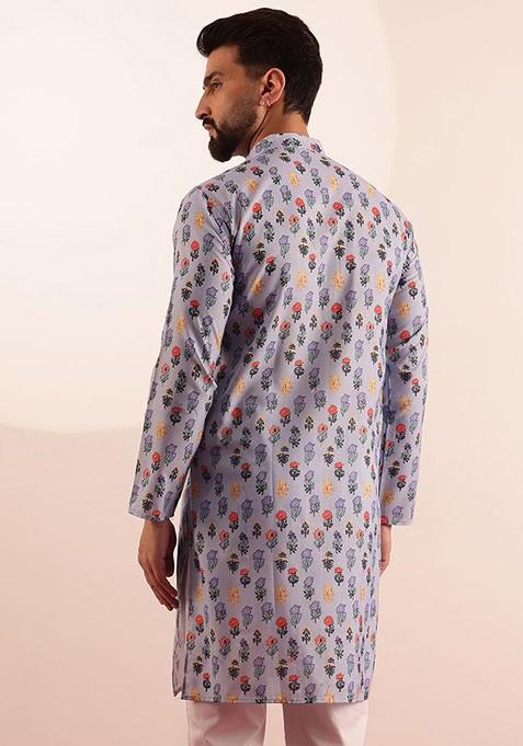 Blue Printed Poly Blend Kurta For Men