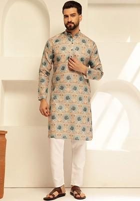 Cream Printed Cotton Kurta For Men