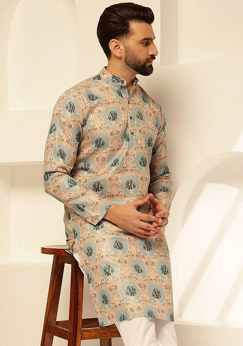 Cream Printed Cotton Kurta For Men
