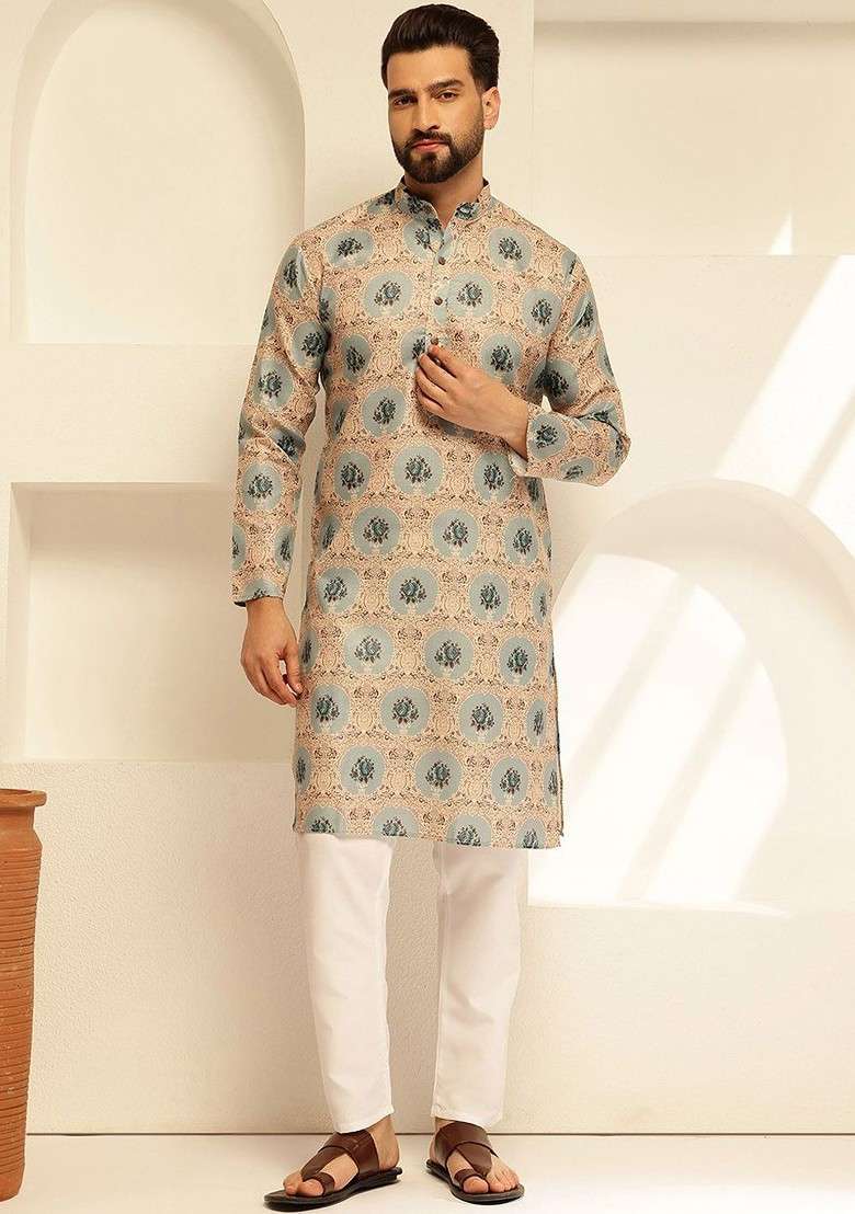 Cream Printed Cotton Kurta For Men - Indya