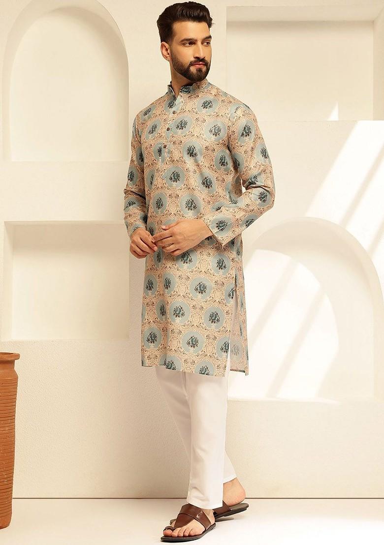 Cream Printed Cotton Kurta For Men