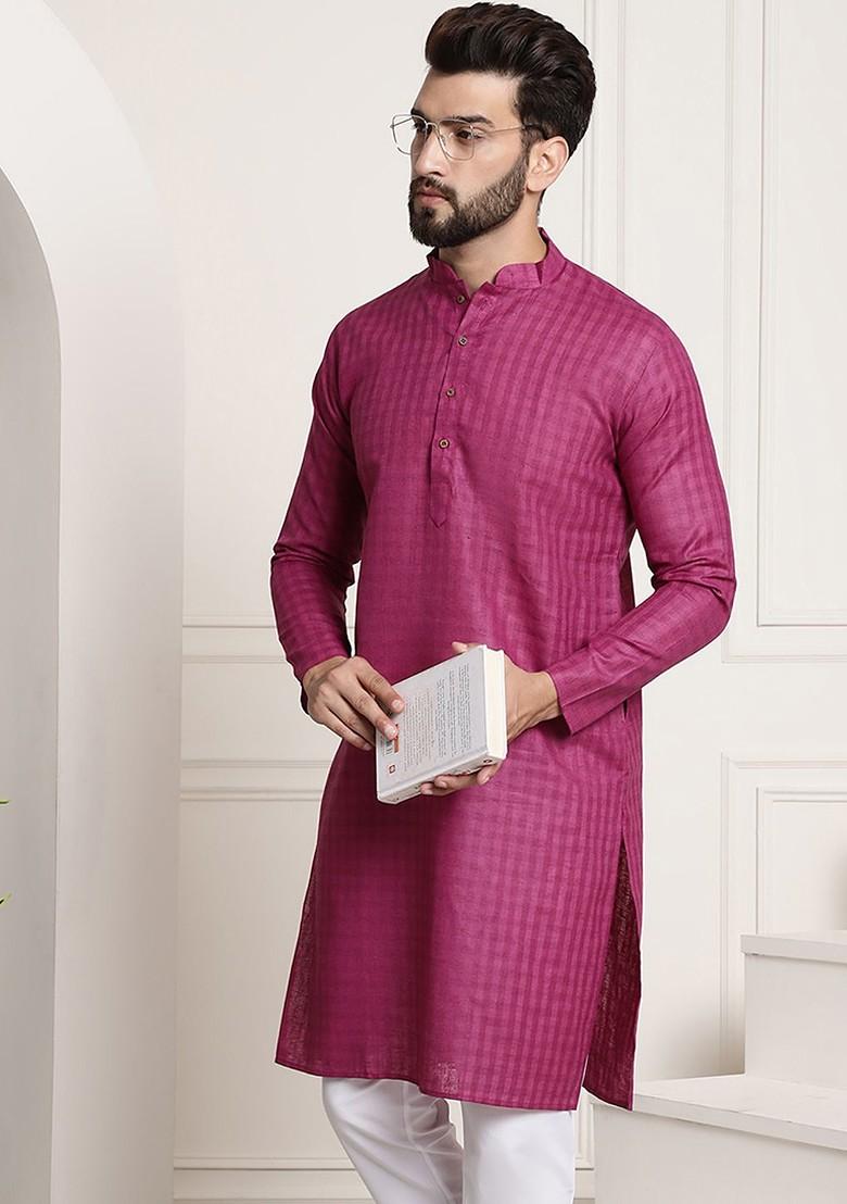 Magenta Woven Cotton Kurta For Men