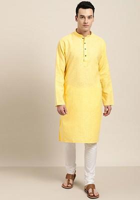 Yellow Checked Poly Blend Kurta For Men