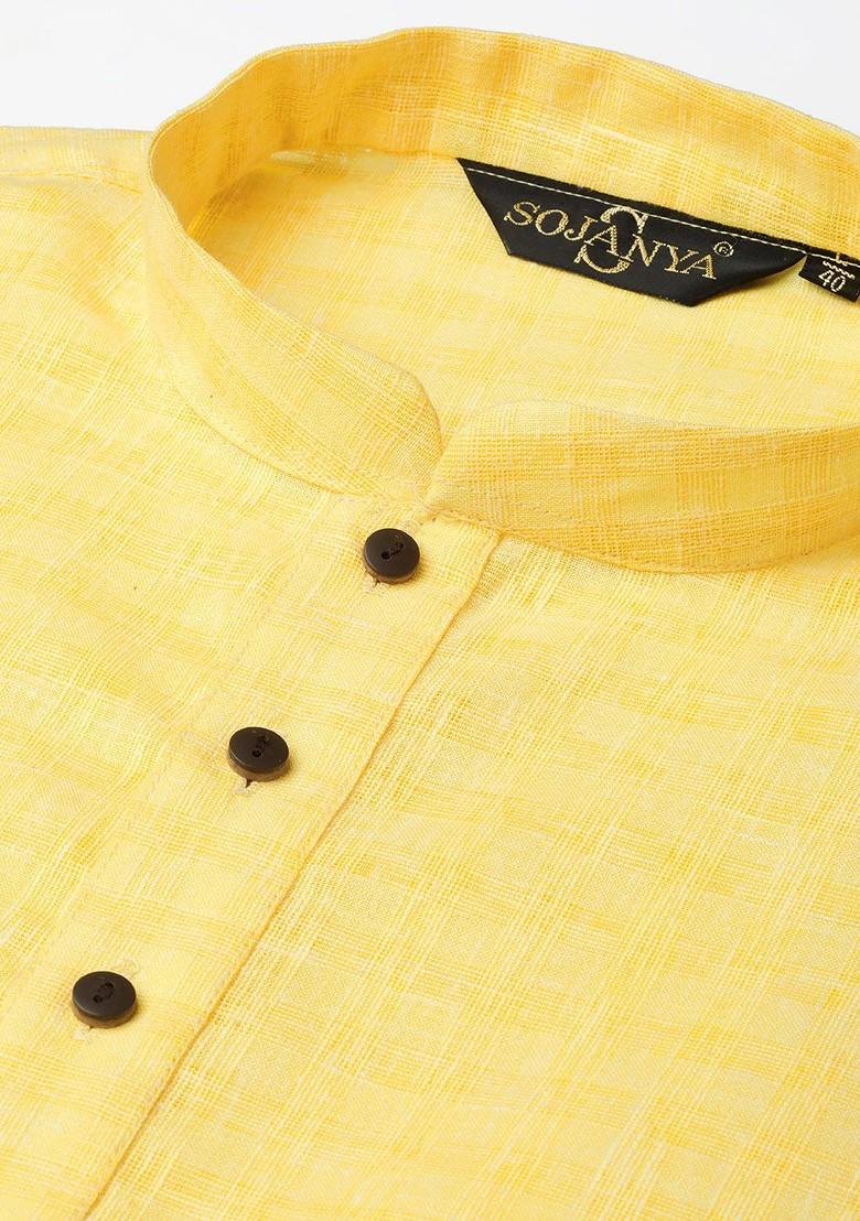 Yellow Checked Poly Blend Kurta For Men
