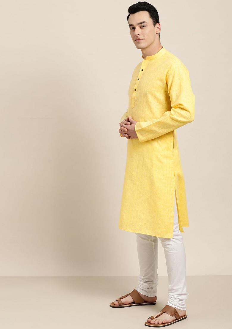 Yellow Checked Poly Blend Kurta For Men