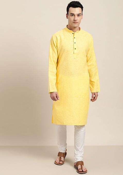 Yellow Checked Poly Blend Kurta For Men