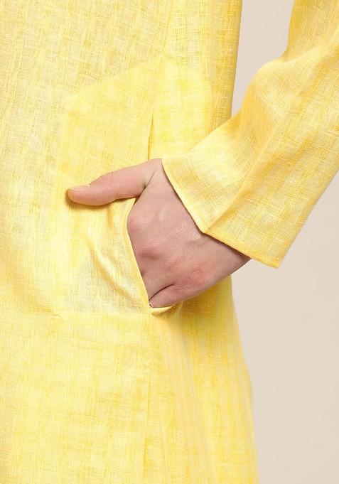 Yellow Checked Poly Blend Kurta For Men