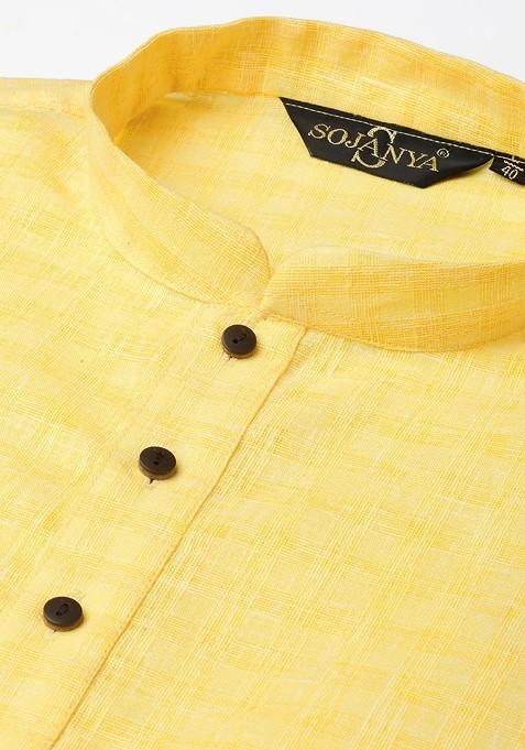 Yellow Checked Poly Blend Kurta For Men