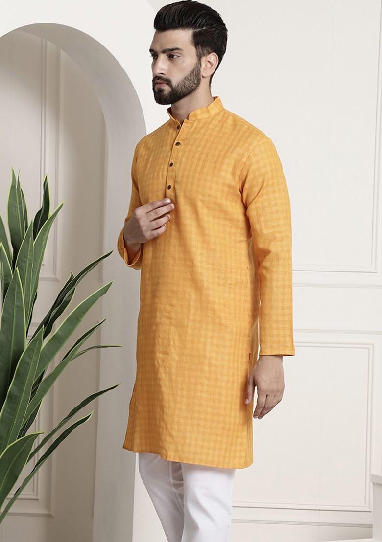 Mustard Checked Poly Blend Kurta For Men
