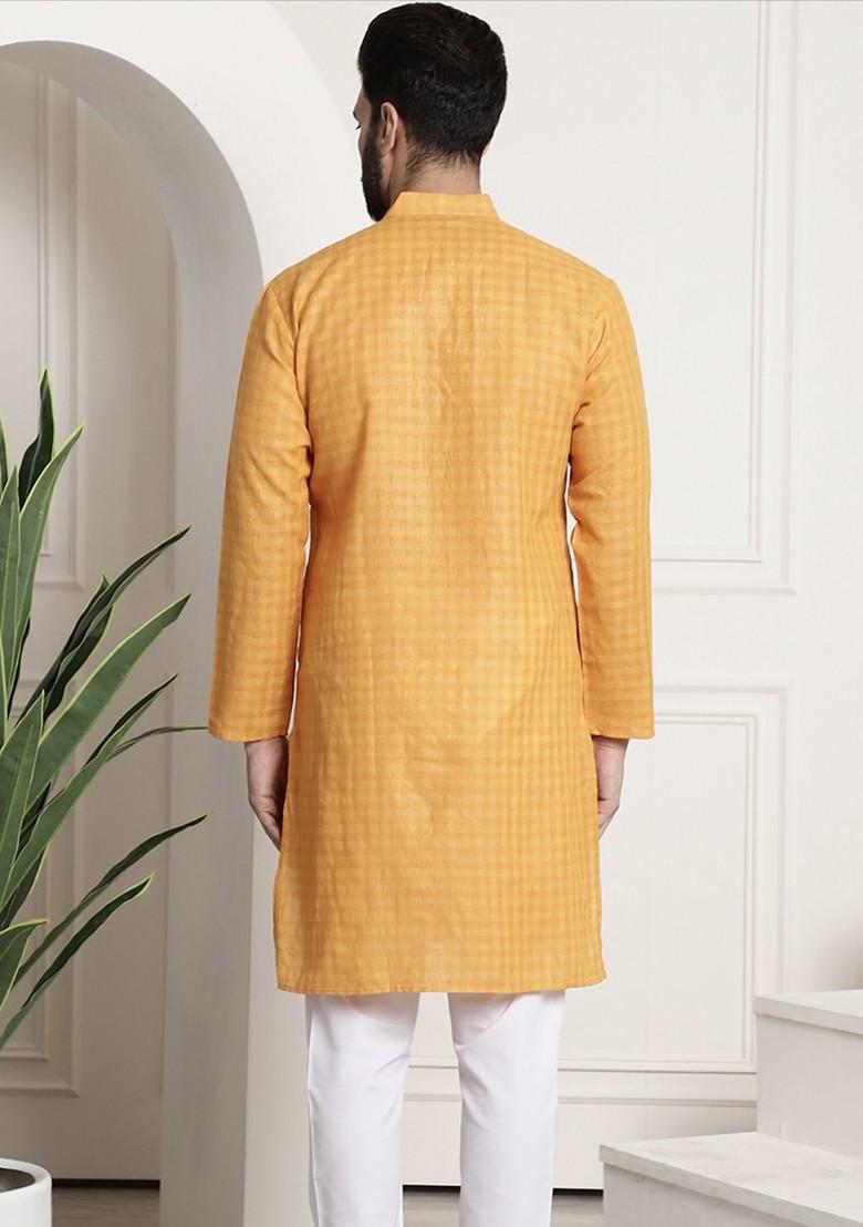 Mustard Checked Poly Blend Kurta For Men