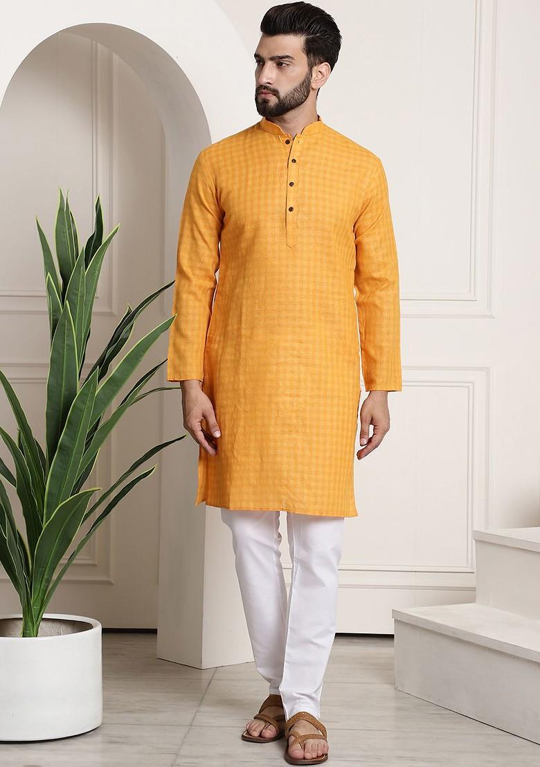 Mustard Checked Poly Blend Kurta For Men